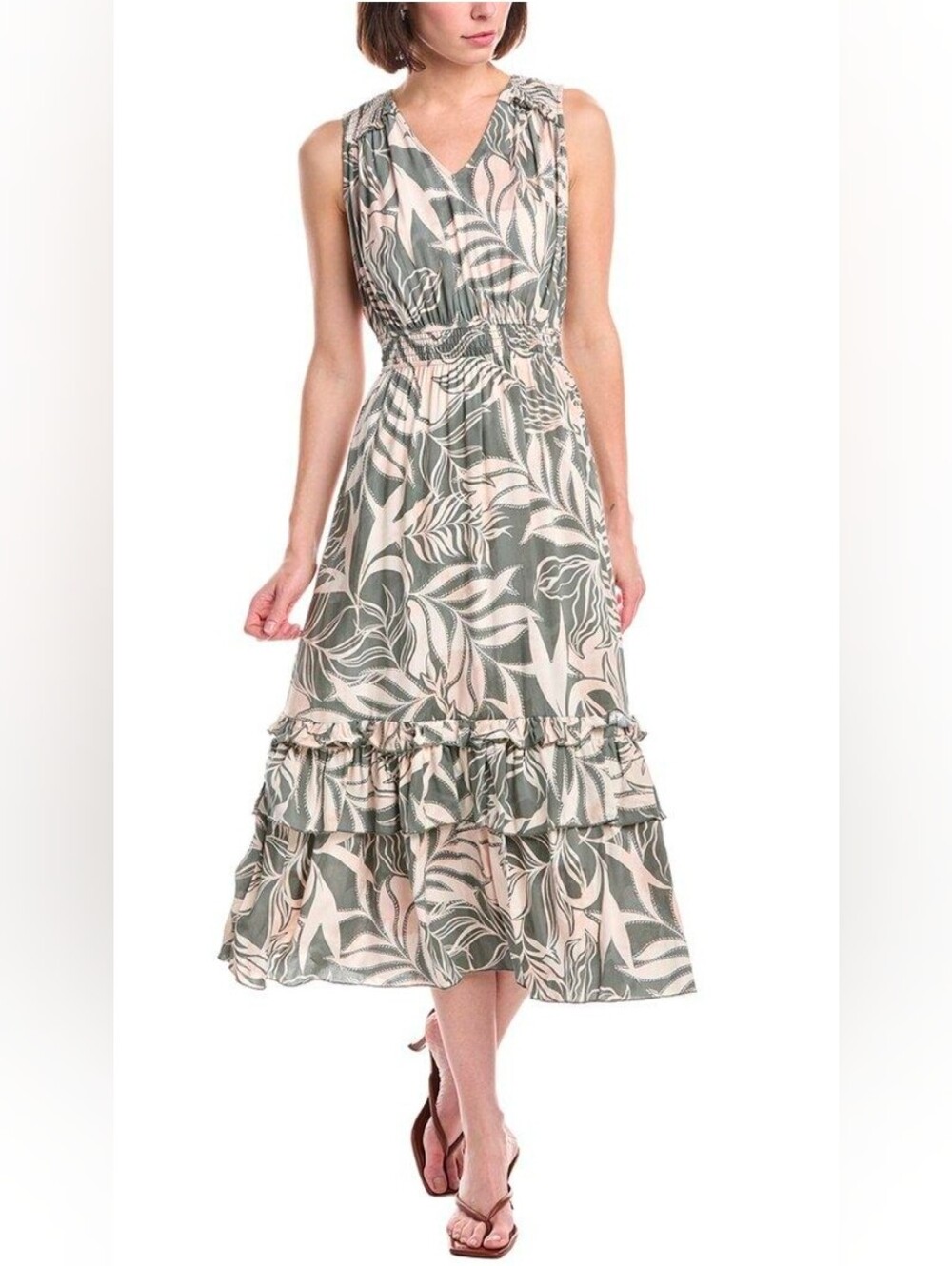 Nanette Lepore Sage and Cream Botanical Ruffle Midi Dress